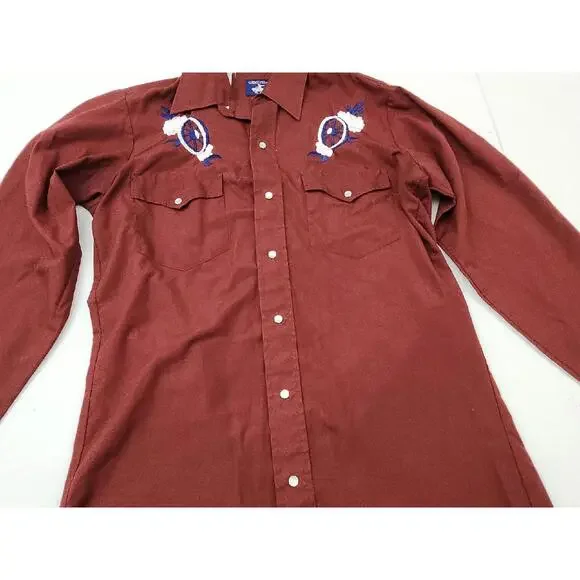 Vintage Men’s Medium Chute Red Maroon Western Pearl Snap Embroidered Wagon Shirt - Picture 4 of 15